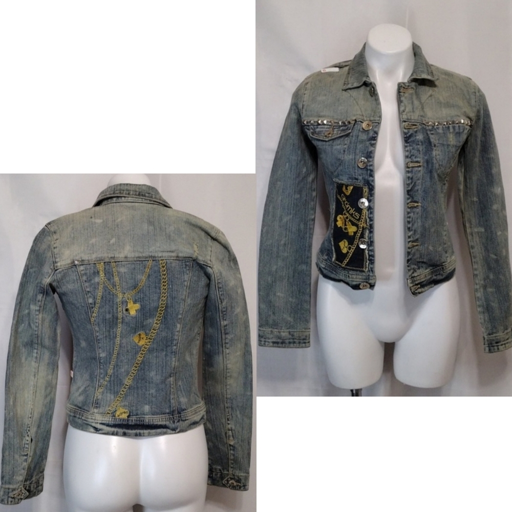 AKDMKS Distressed Cropped Denim Jacket Small Studded Embroidered Jean Style